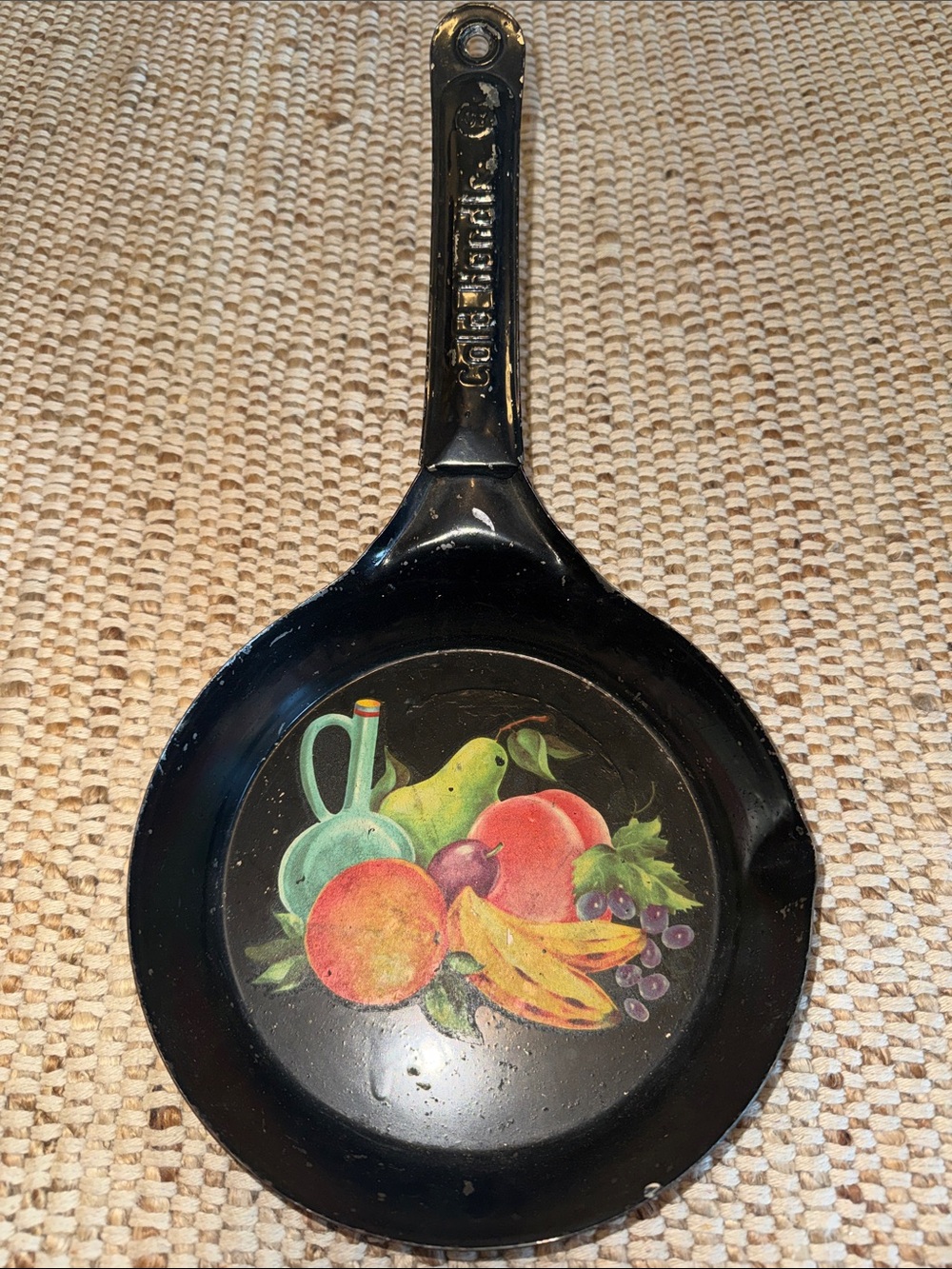 VINTAGE Handmade Cold Handle Aluminum Decorative Skillet with Fruit Motif.